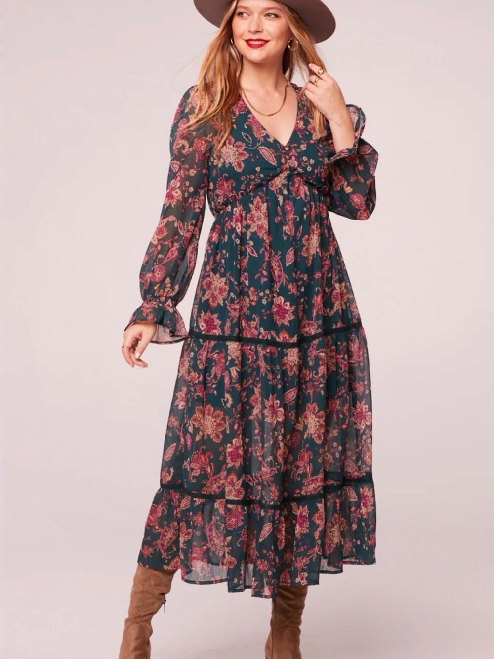 Tiered V-Neck Midi Dress in Teal and Pink Floral